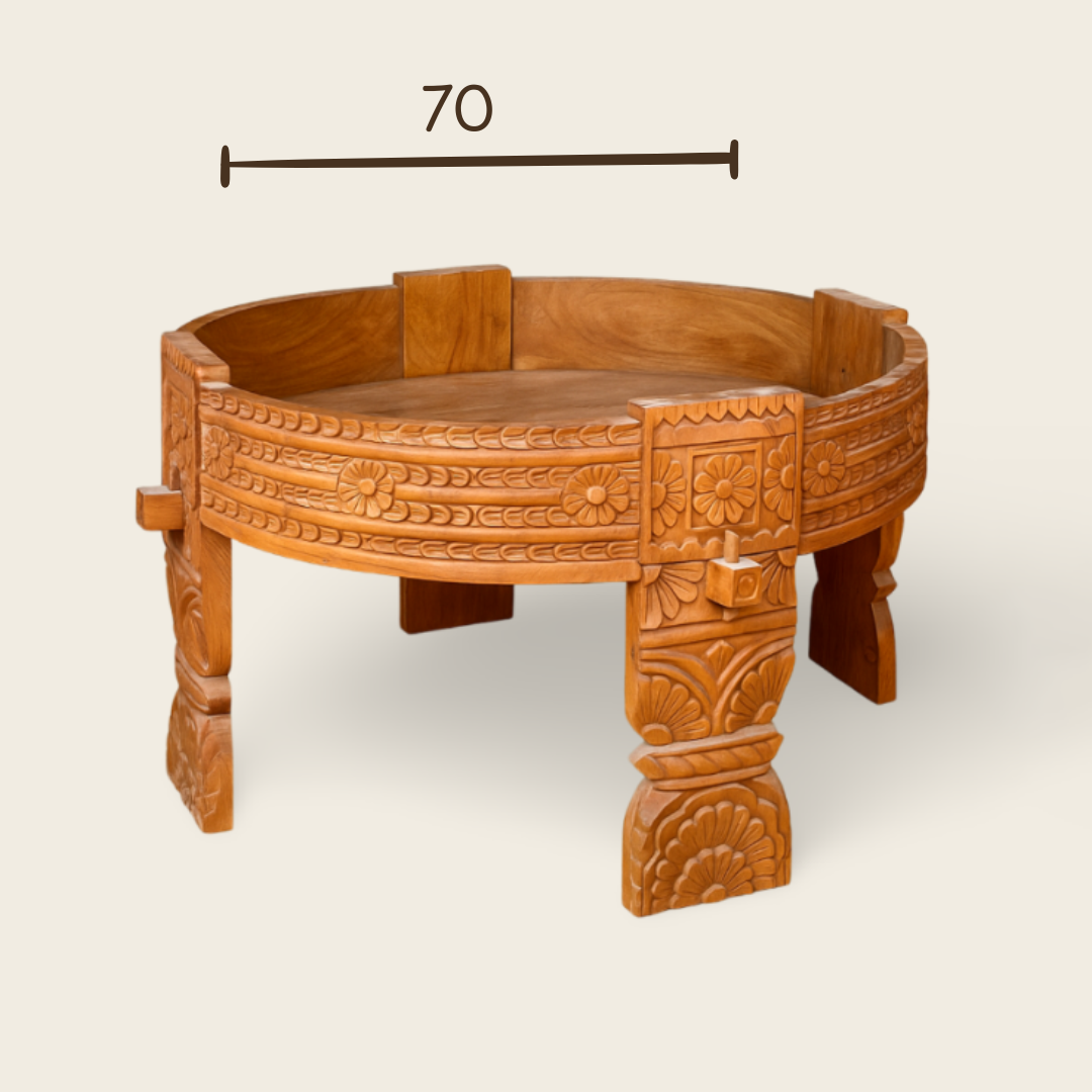 Hand-Carved Teak Wood Table | Rustic Accent | 70 cm