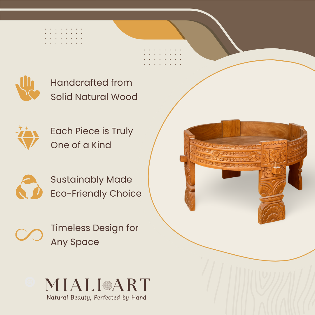 Hand-Carved Teak Wood Table | Rustic Accent | 70 cm