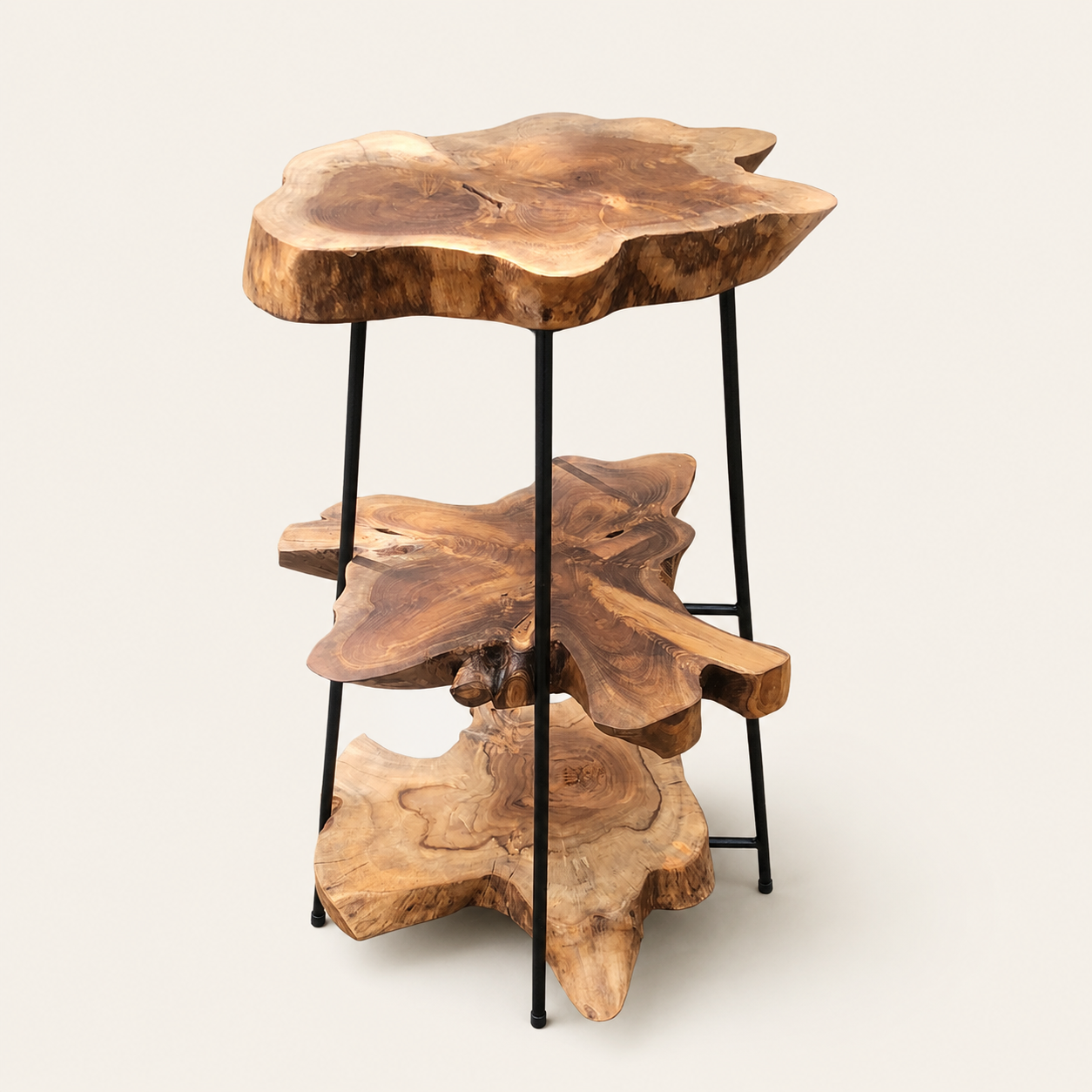 Teakholzscheibenständer | Holz & schwarzes Eisen | Handgefertigter Ausstellungsständer | 75cm