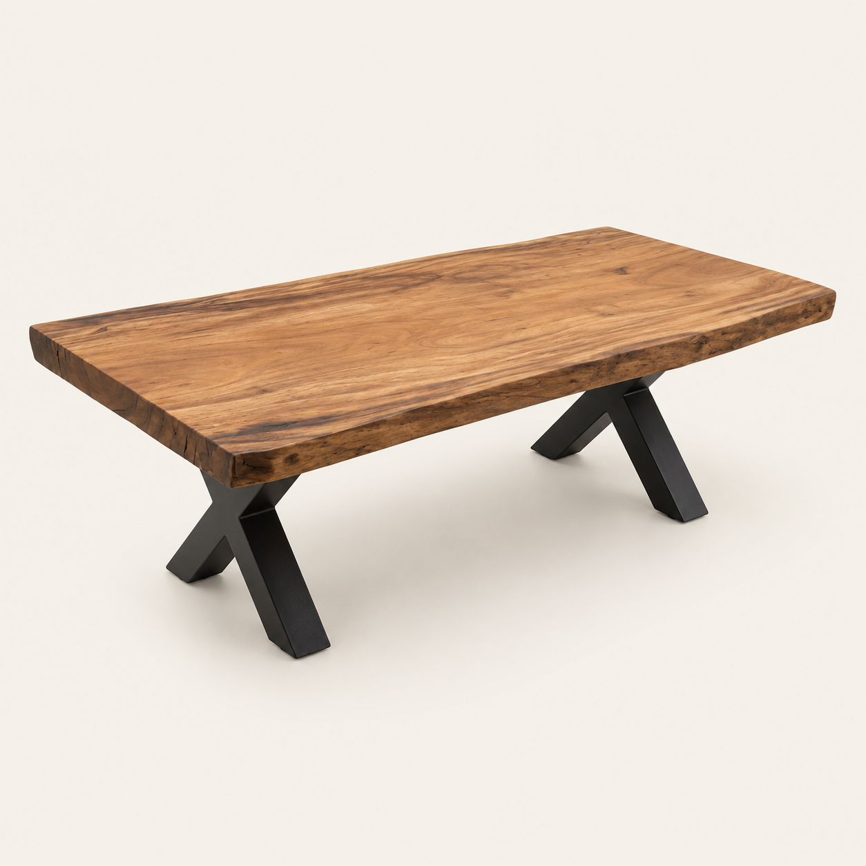 Teak Coffee Table | Sliced Trunk & Metal Legs | 150x60x45 cm