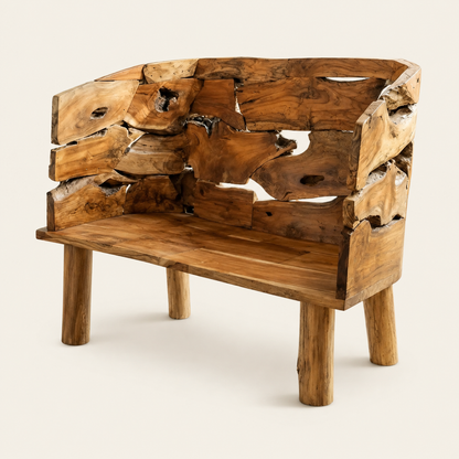 Solid Teak Root Bench | Natural Wood Slab Design | 70x150 cm