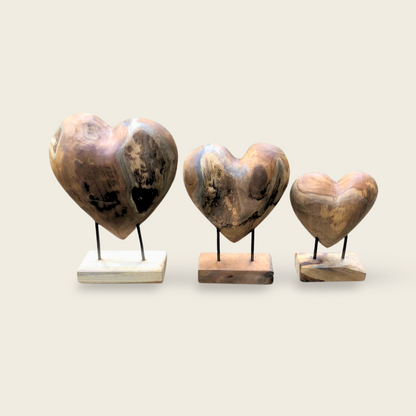 Heart Sculpture Set | Teak Wood Handmade | Natural Organic Art | 3pcs