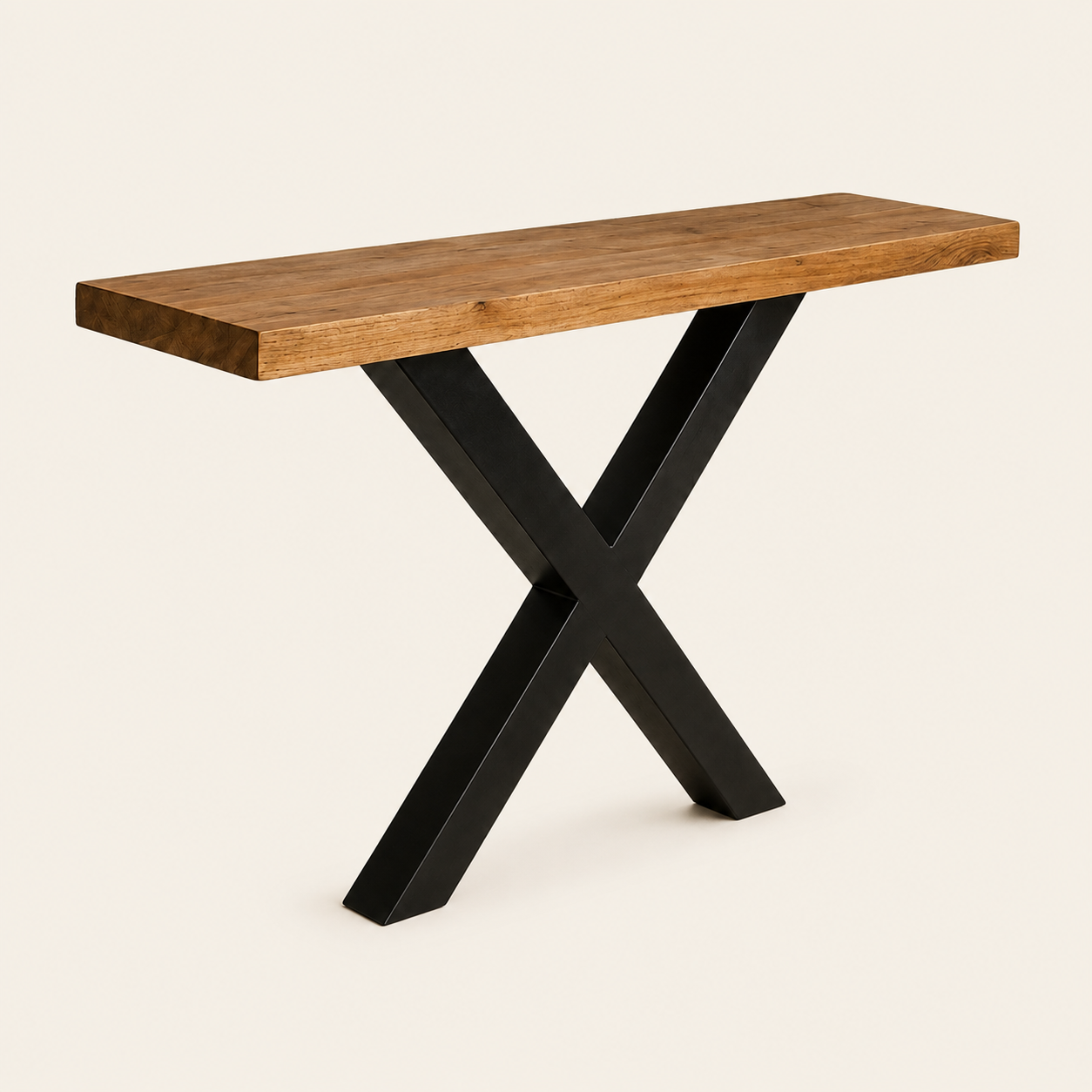 Teak Console Table | Trunk Top & Black X-Legs | 110x35x85 cm