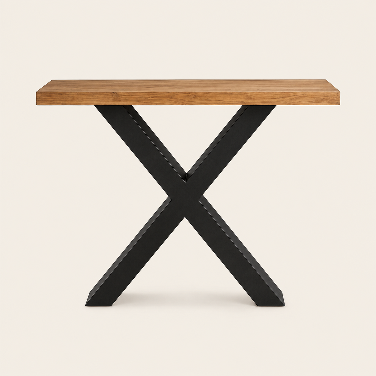Teak Console Table | Trunk Top & Black X-Legs | 110x35x85 cm