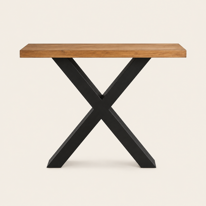 Teak Console Table | Trunk Top & Black X-Legs | 110x35x85 cm