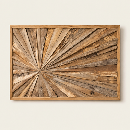 Teak Sonnenstrahl Wandbild | Echtholzpaneel aus Teakholz | 120x80 cm