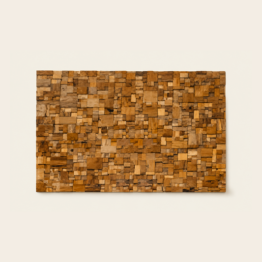Mosaic Teak Wall Art | Geometric Panel | 120x80 cm