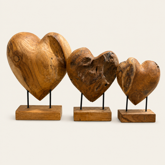 Heart Sculpture Set | Teak Wood Handmade | Natural Organic Art