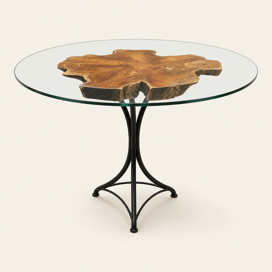 Teak Root Table | Iron Base | Glass Top Not Included | 80 cm