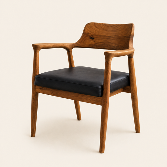 Teak Armchair | Black Faux Leather Upholstered | 78x55x45 cm