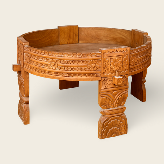 Hand-Carved Teak Wood Table | Rustic Accent | 70 cm