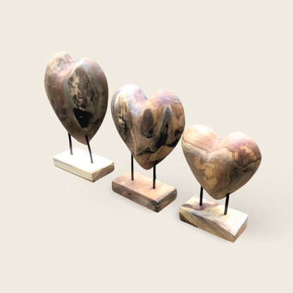 Heart Sculpture Set | Teak Wood Handmade | Natural Organic Art | 3pcs