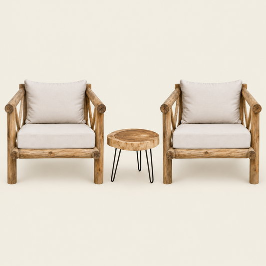 Paar Armlehnstühle aus indonesischem Teakholz | Beistelltisch-Set | 70x70x70 cm