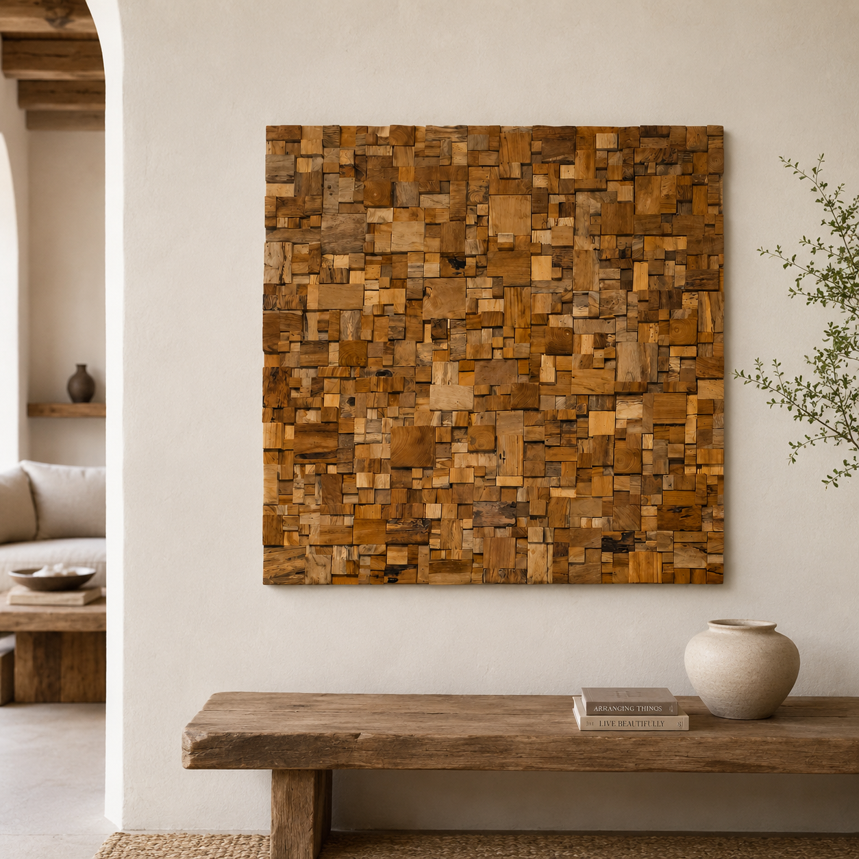Mosaic Teak Wall Art | Geometric Panel | 90x90 cm