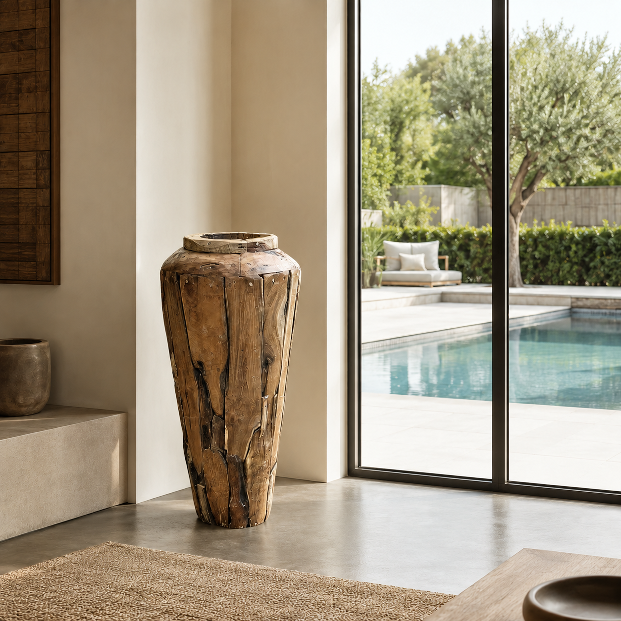 Teakholz-Vase | Handgefertigte rustikale Skulptur | 120x50 cm