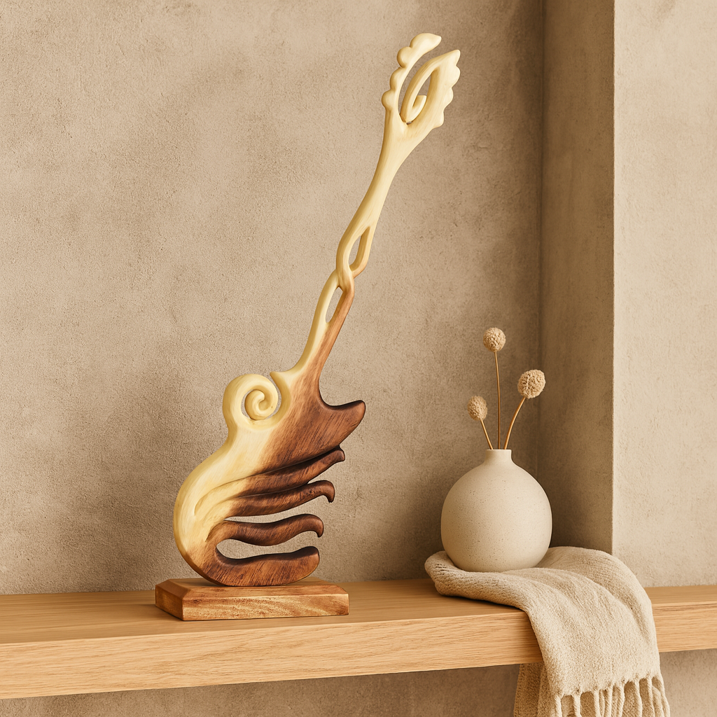 Carved Guitar Sculpture | Solid Wood Trunk | Handcrafted Art Piece | 100cm