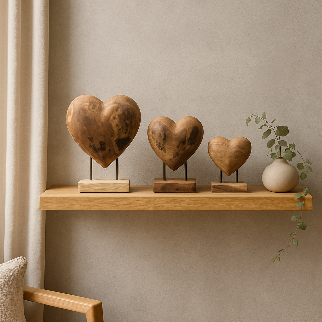 Heart Sculpture Set | Teak Wood Handmade | Natural Organic Art | 3pcs