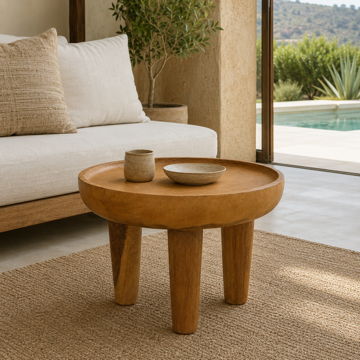 Teak Coffee Table | Round Tray Top | Handmade | 60x40 cm