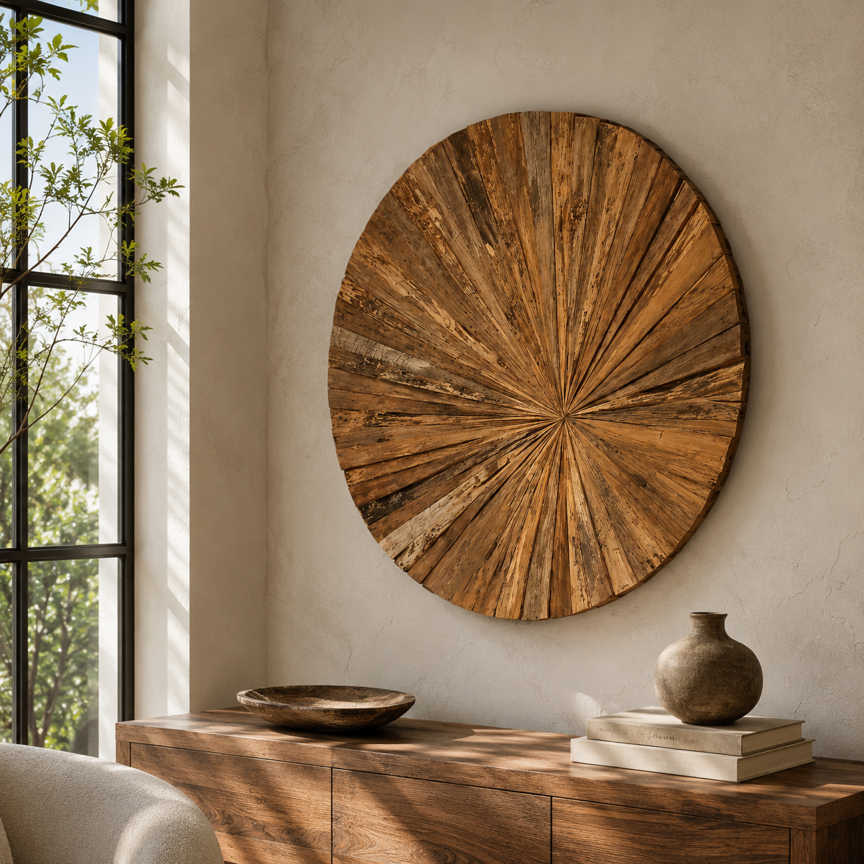 Teak Sunburst Wandbild | Handgemacht | 135 cm