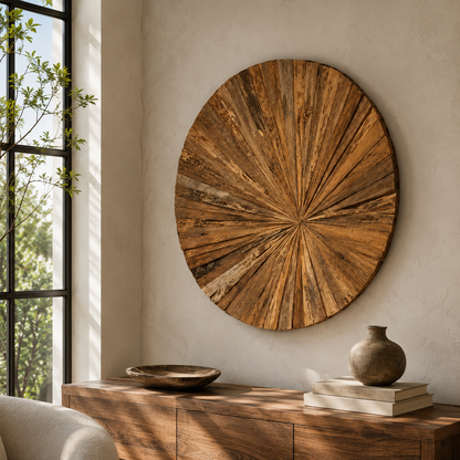 Teak Sunburst Wandbild | Handgemacht | 135 cm
