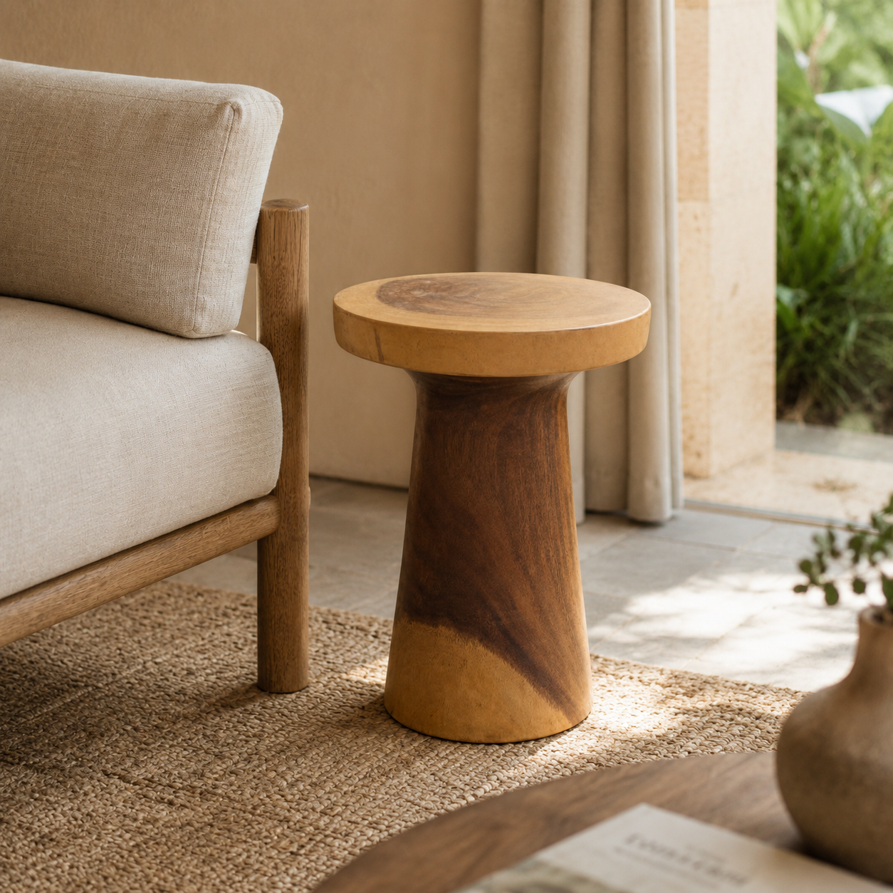 Teak Pedestal Stool | Sculptural Accent | 40x67 cm