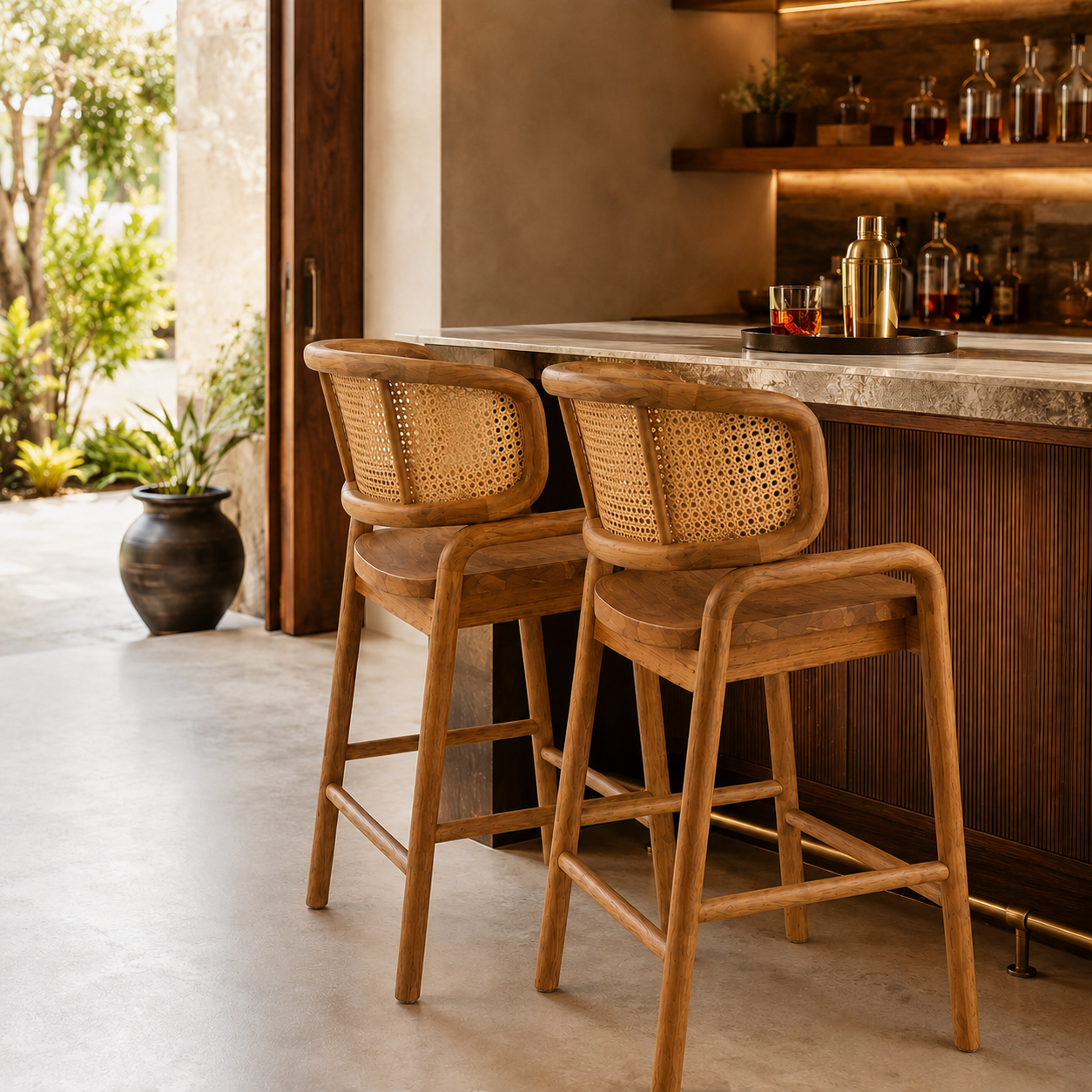 Handmade Teak Bar Stool | Vinyl Wicker Design | 110x50x56 cm