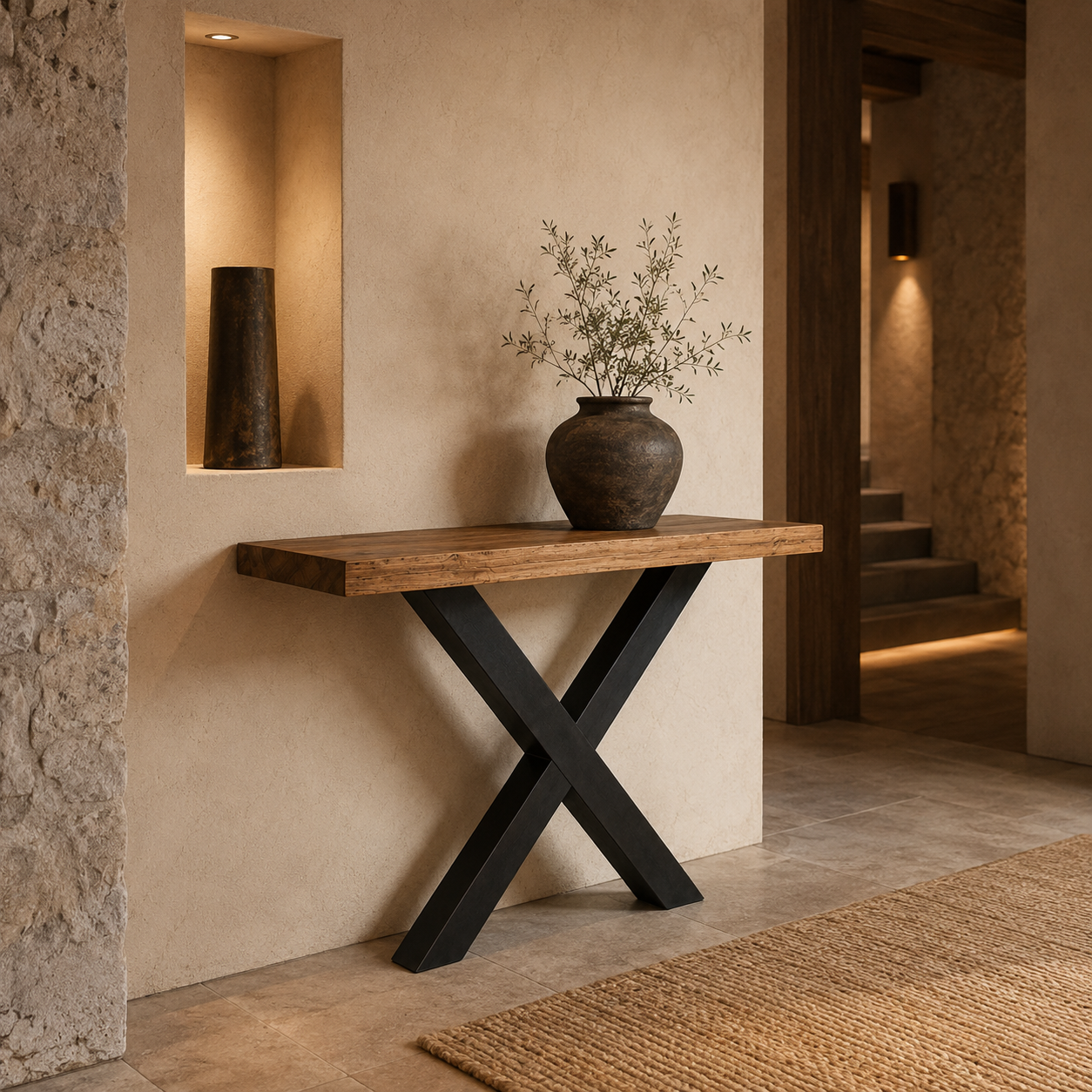 Teak Console Table | Trunk Top & Black X-Legs | 110x35x85 cm