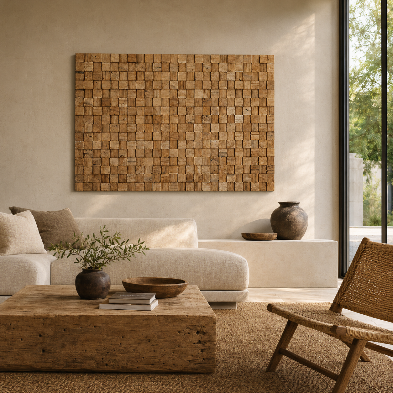 Teak-Wandpaneel | Block-Wurzel-Design | Natur | 120x80 cm
