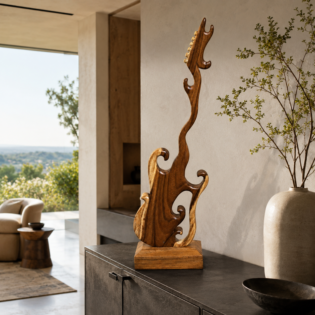 Geschnitzte Gitarrenskulptur | Massiver Holzstamm | Handgefertigtes Kunstwerk | 100cm