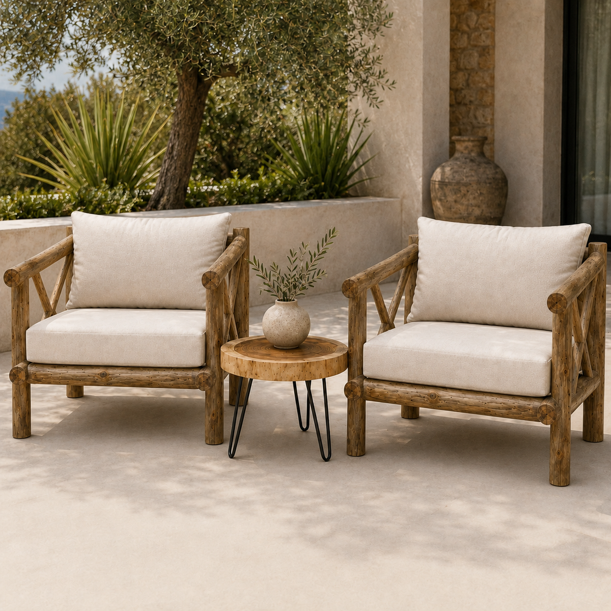 Indonesian Teak Armchair Pair | Side Table Set | 70x70x70 cm