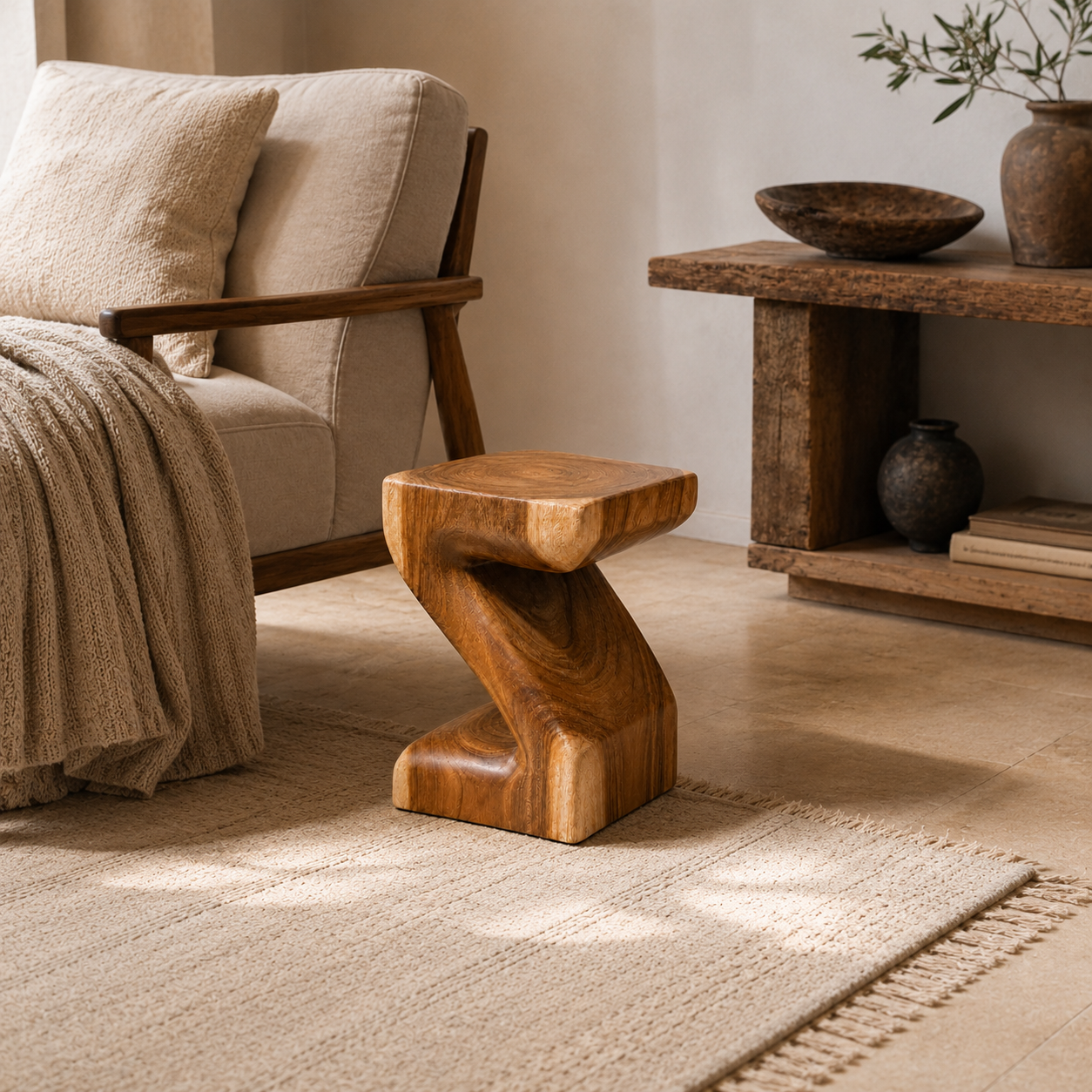 Sculpted Teak Stool | Handmade | 45x30x30 cm