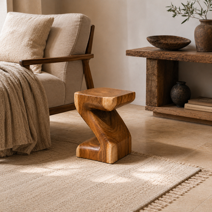 Sculpted Teak Stool | Handmade | 45x30x30 cm