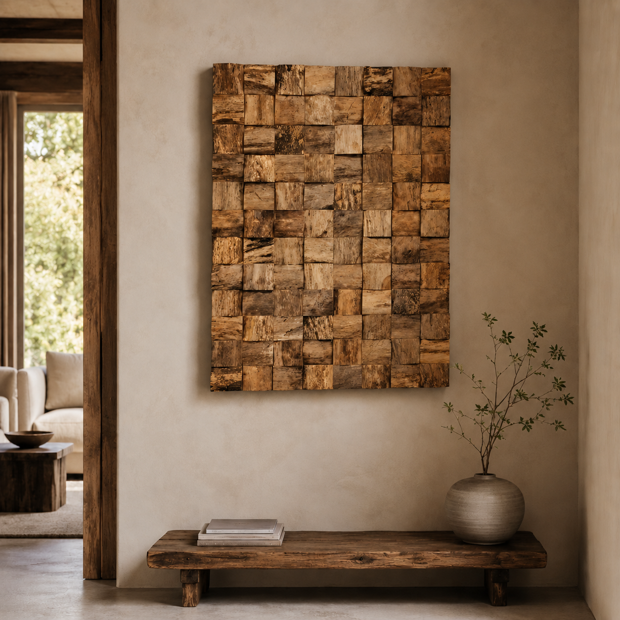Dekorative Teakholz-Wandkunst | Handgefertigtes Holzpaneel | 100x60 cm