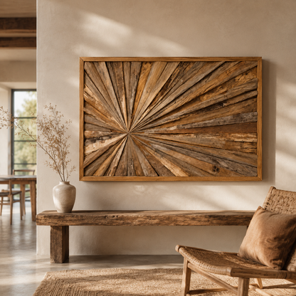 Teak Sunburst Wall Art | Natural Teak Wood Panel | 120x80 cm