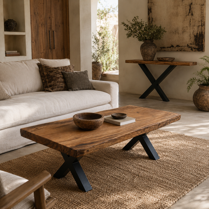 Teak Coffee Table | Sliced Trunk & Metal Legs | 150x60x45 cm