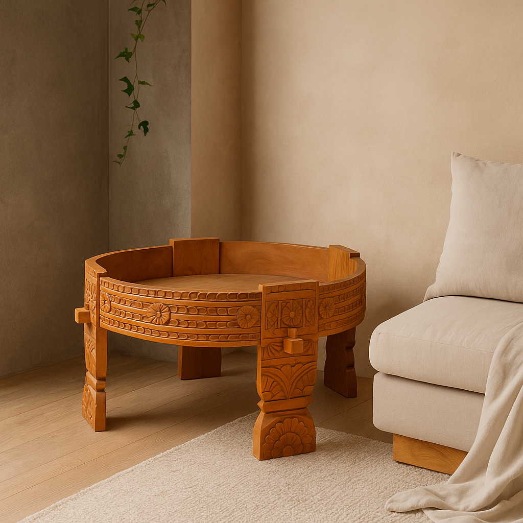 Hand-Carved Teak Wood Table | Rustic Accent | 70 cm