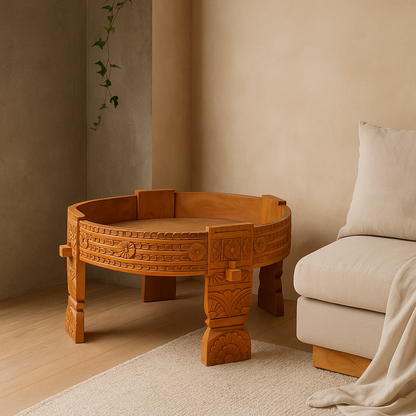 Hand-Carved Teak Wood Table | Rustic Accent | 70 cm
