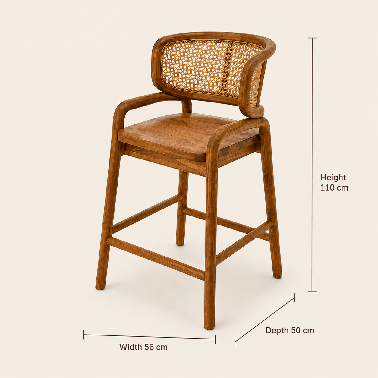 Handmade Teak Bar Stool | Vinyl Wicker Design | 110x50x56 cm