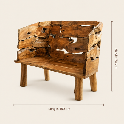 Solid Teak Root Bench | Natural Wood Slab Design | 70x150 cm