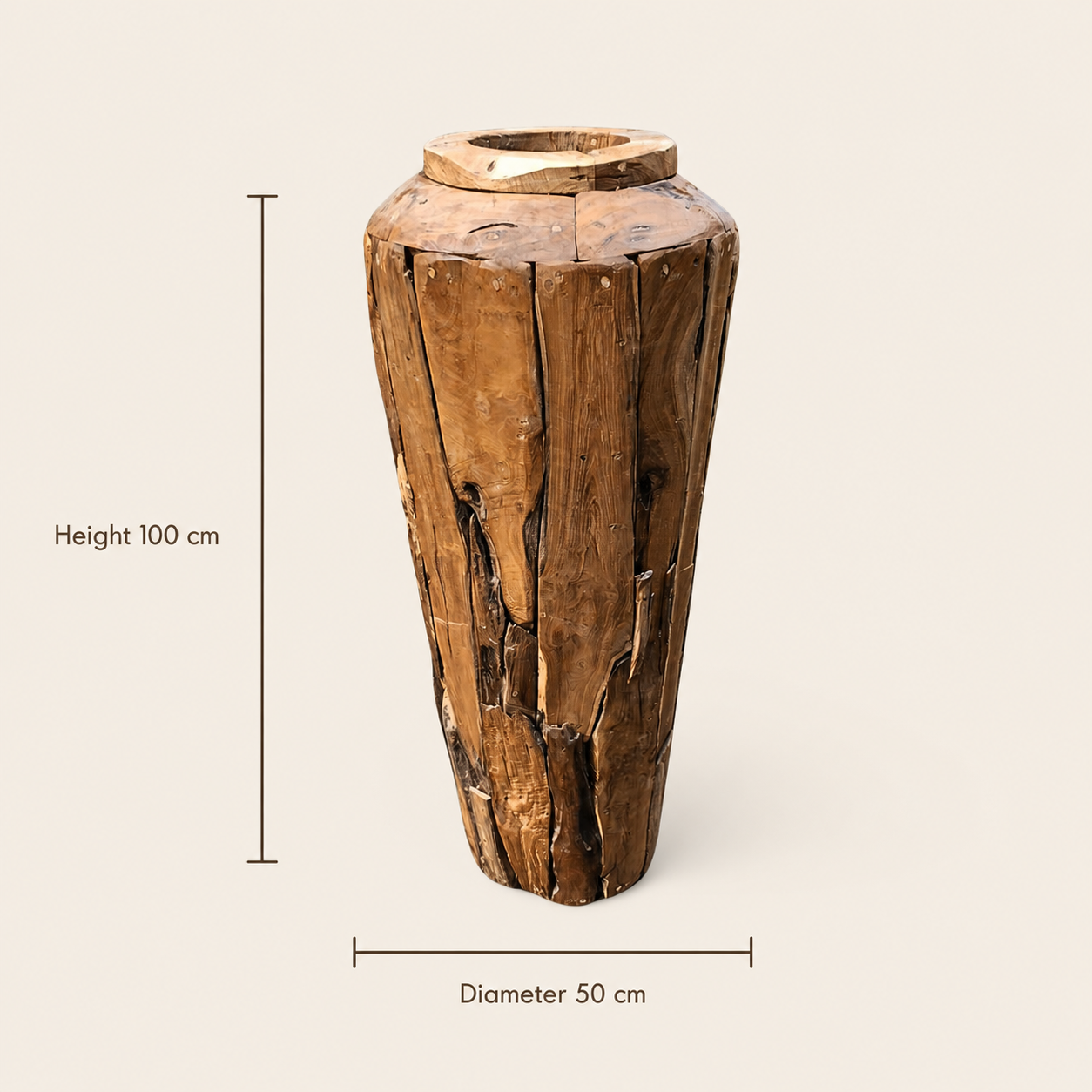 Teakholz-Vase | Handgefertigte rustikale Skulptur | 120x50 cm