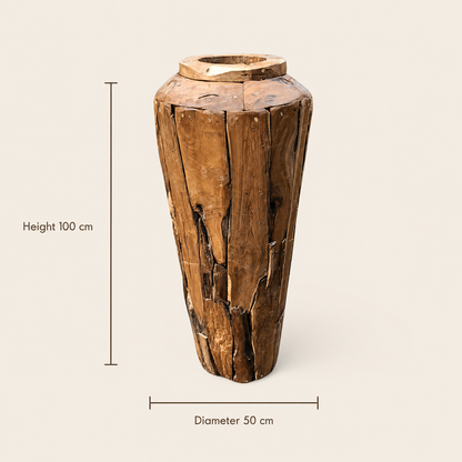 Teakholz-Vase | Handgefertigte rustikale Skulptur | 120x50 cm
