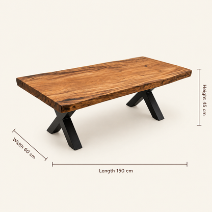 Teak Coffee Table | Sliced Trunk & Metal Legs | 150x60x45 cm