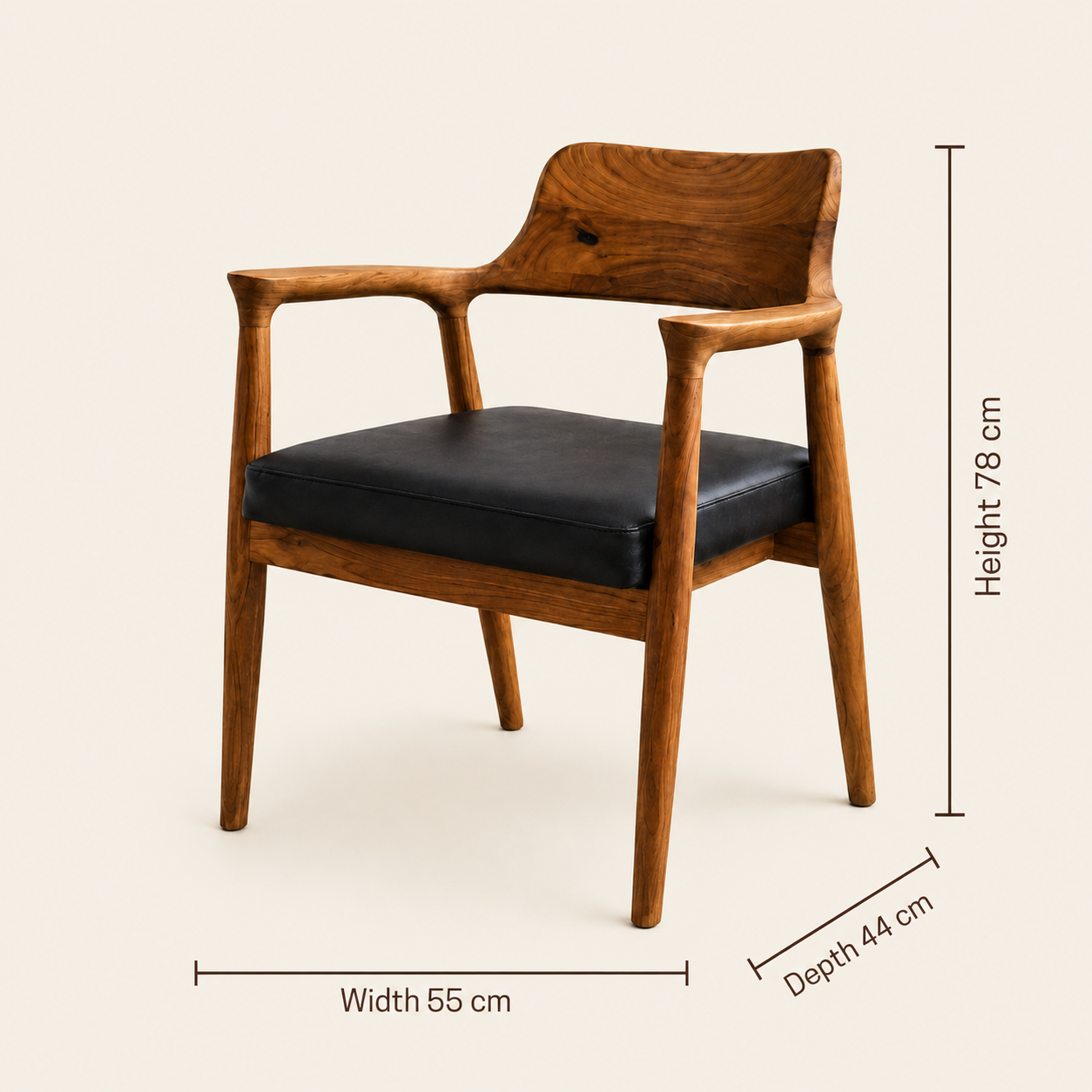 Teak Armchair | Black Faux Leather Upholstered | 78x55x45 cm