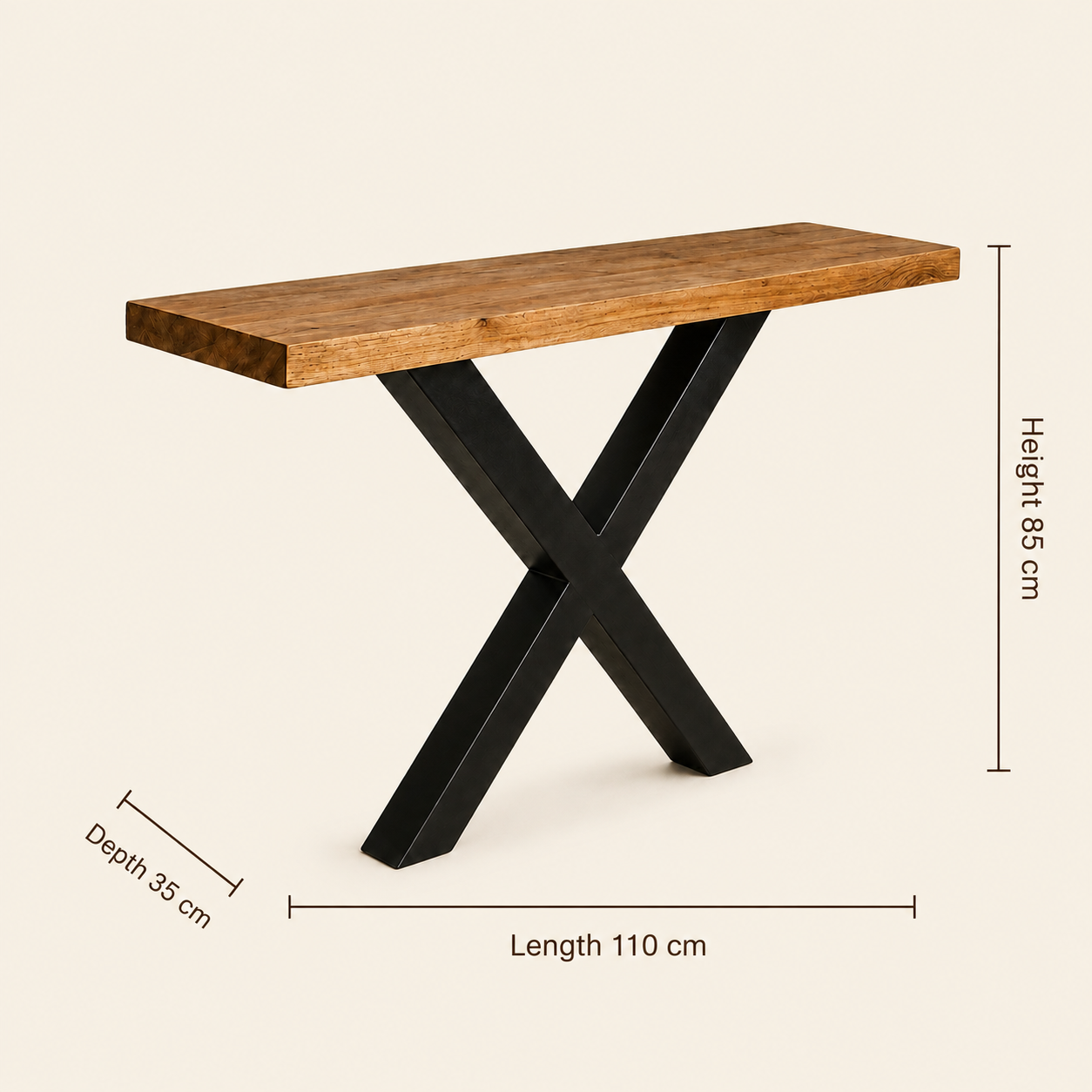 Teak Console Table | Trunk Top & Black X-Legs | 110x35x85 cm