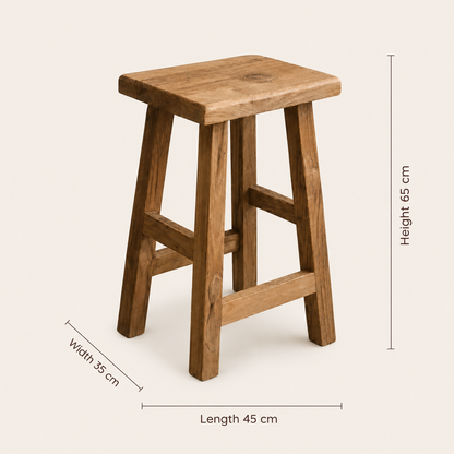 Solid Teak Bar Stool | Natural Handmade Design | 65x45x35 cm