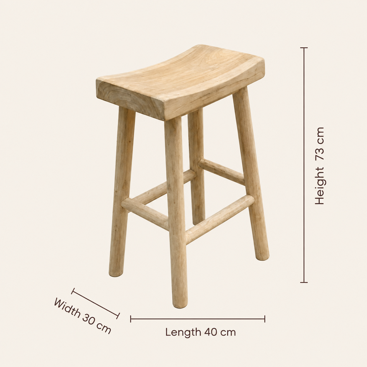 Teak Bar Stool | Natural Trunk Top & Wood Base | 73x30x40 cm