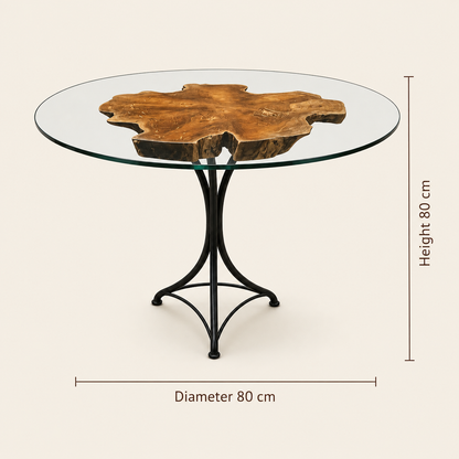 Tisch aus Teakholzwurzel | Eisengestell | Glasplatte nicht enthalten | 80 cm