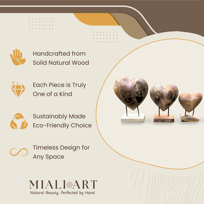 Heart Sculpture Set | Teak Wood Handmade | Natural Organic Art | 3pcs