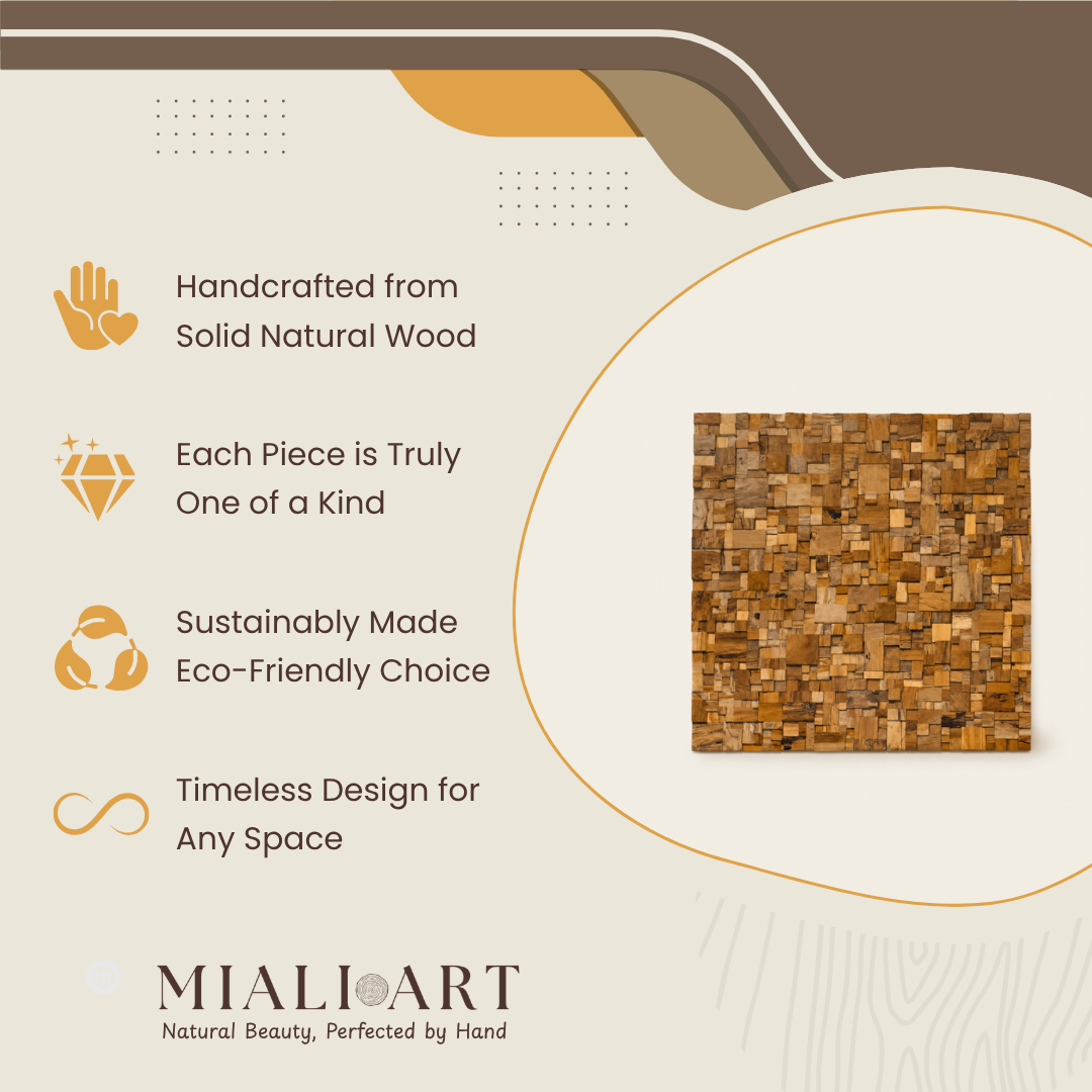 Mosaic Teak Wall Art | Geometric Panel | 90x90 cm