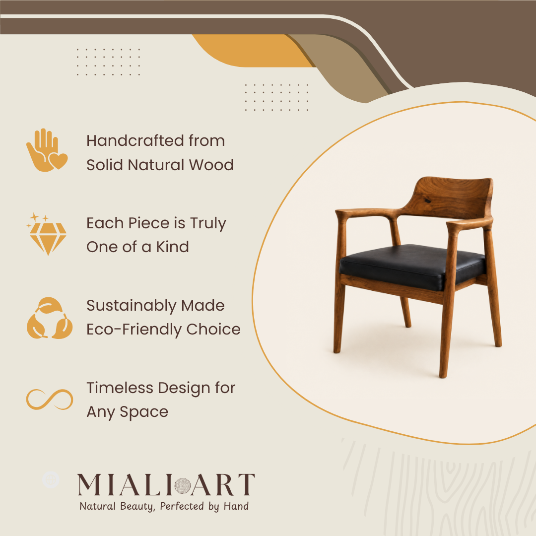 Teak Armchair | Black Faux Leather Upholstered | 78x55x45 cm